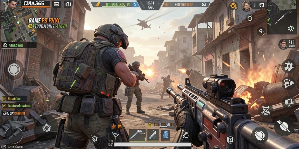 Screenshot utama CINA365 menampilkan aksi menembak mendebarkan dalam gameplay FPS.