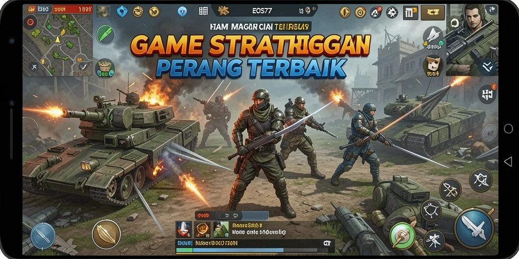 Screenshot utama gameplay EOS77 menampilkan pertempuran epik dan strategi taktis.