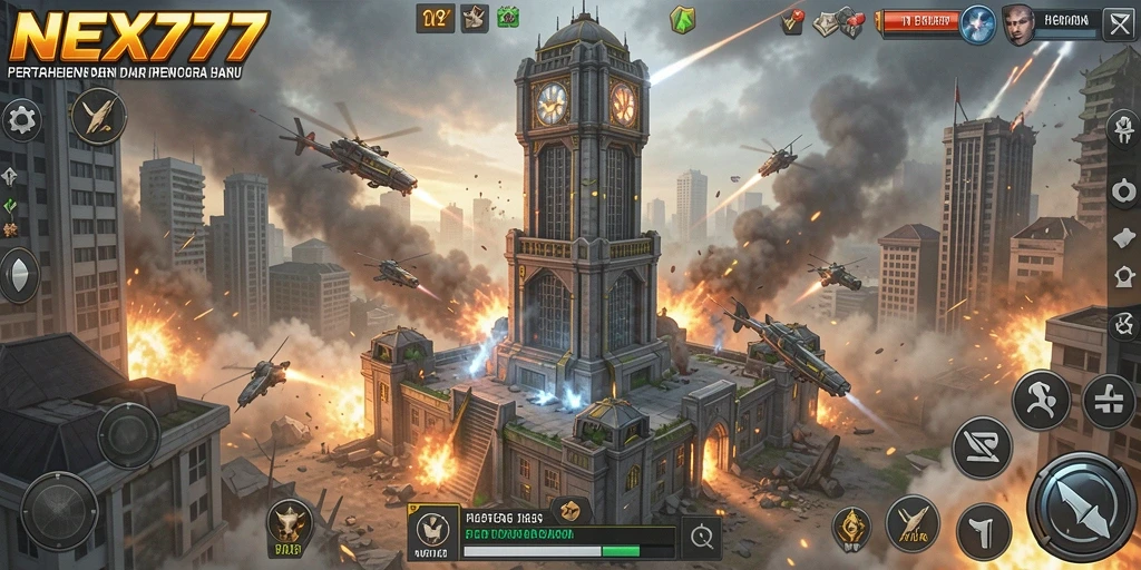 Screenshot gameplay NEX777 menampilkan pertahanan menara yang epik.