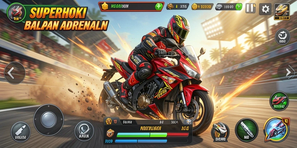 Screenshot utama SUPERHOKI menampilkan momen balapan motor yang seru.